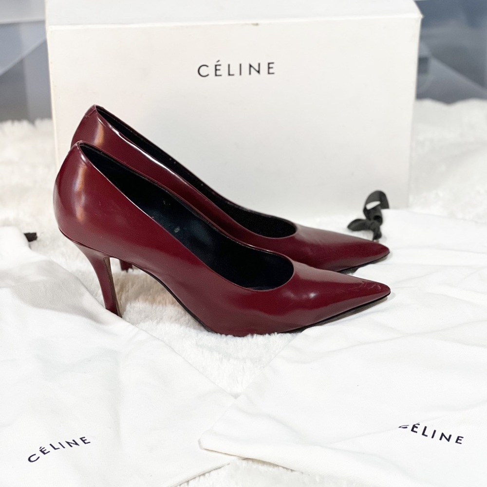 IOB Celine Classic Burgundy Leather Pointy Toe Pumps Size 37 (7) w/Box